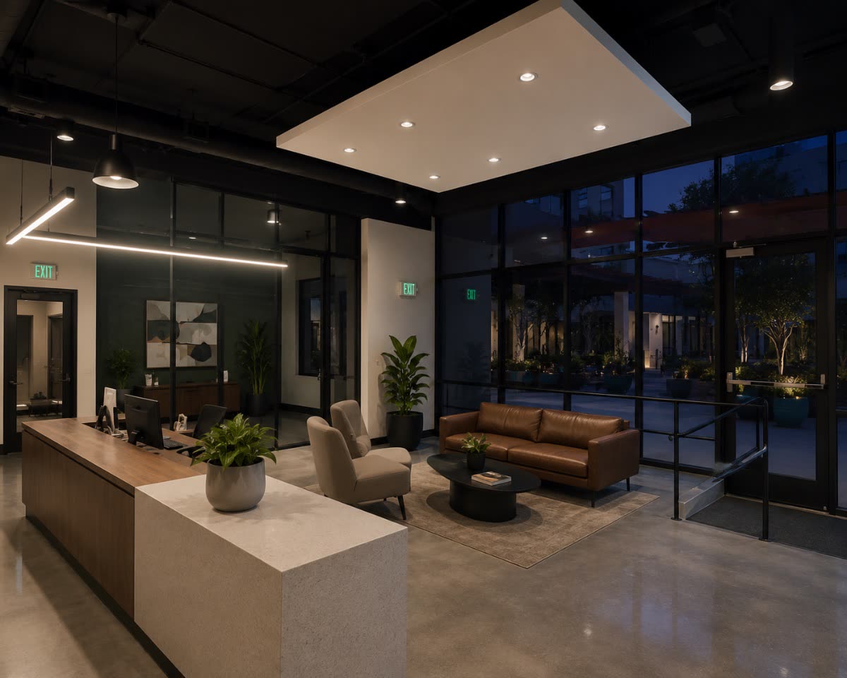 Office lobby with floor-to-ceiling tinted glass looking onto a courtyard at dusk