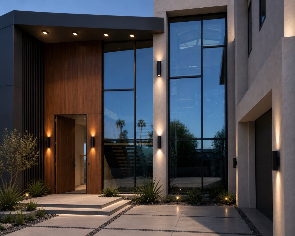 Modern home entrance with floor-to-ceiling glass lit at dusk